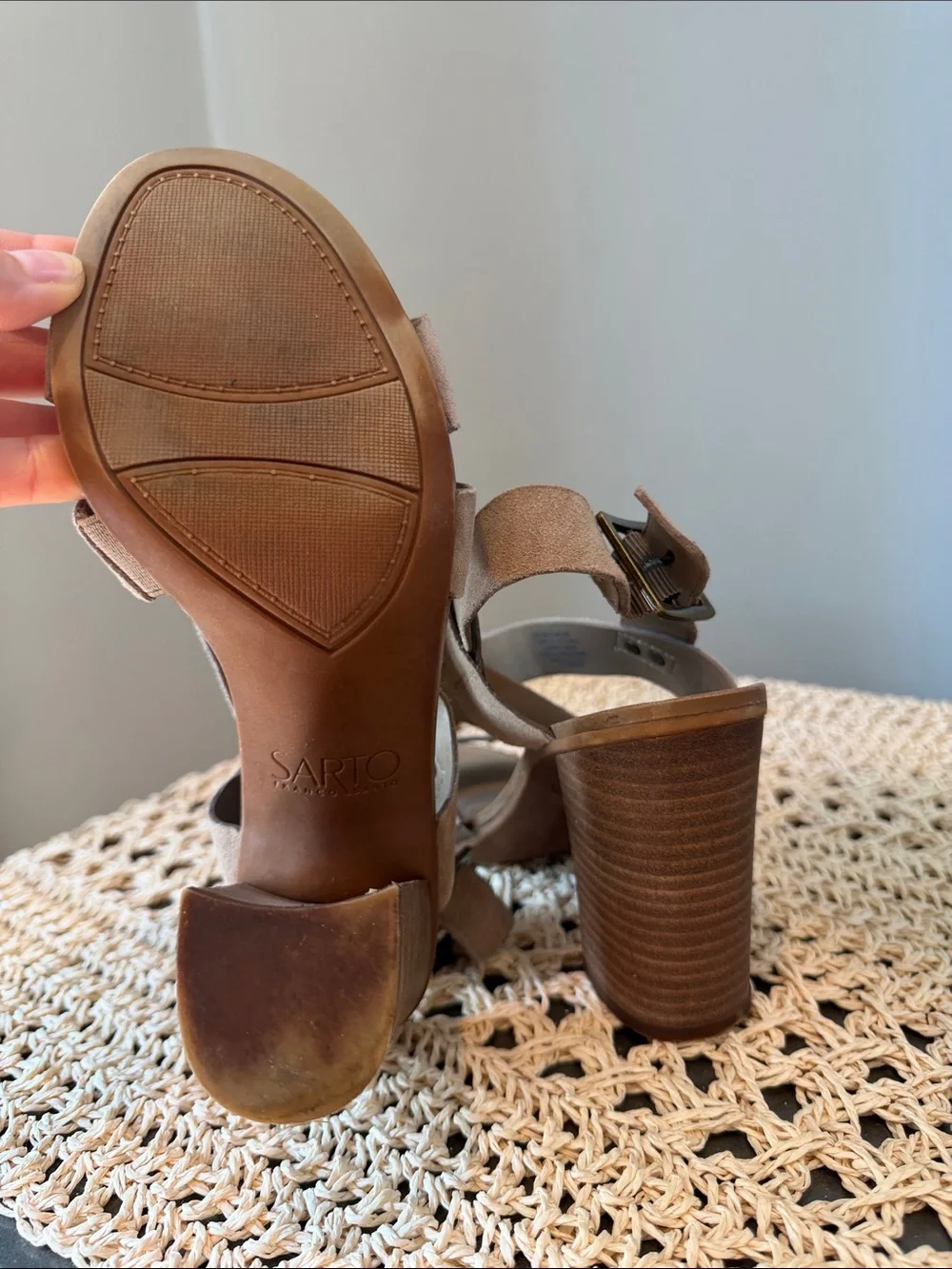 Franco Sarto Taupe Suede Cross-Strap Block Heel Sandals